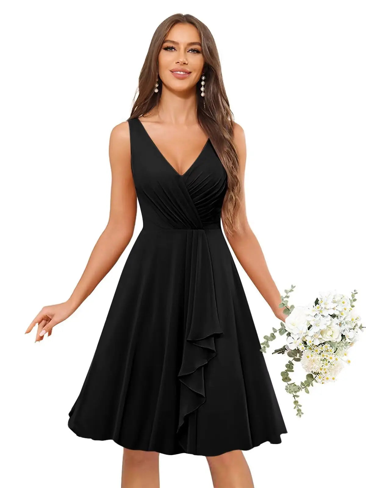 Short Bridesmaid Dresses for Women V-Neck Knee Length Pleated Ruffles Chiffon Evening Gown Evening Dresses Prom Party Dresses