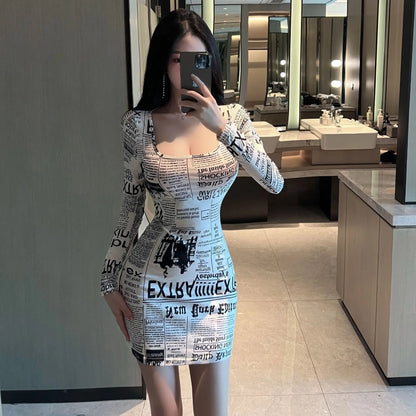 8186Europe and America2026Cross-border foreign trade American-style spicy girl newspaper print slimming long-sleeve dress trendy