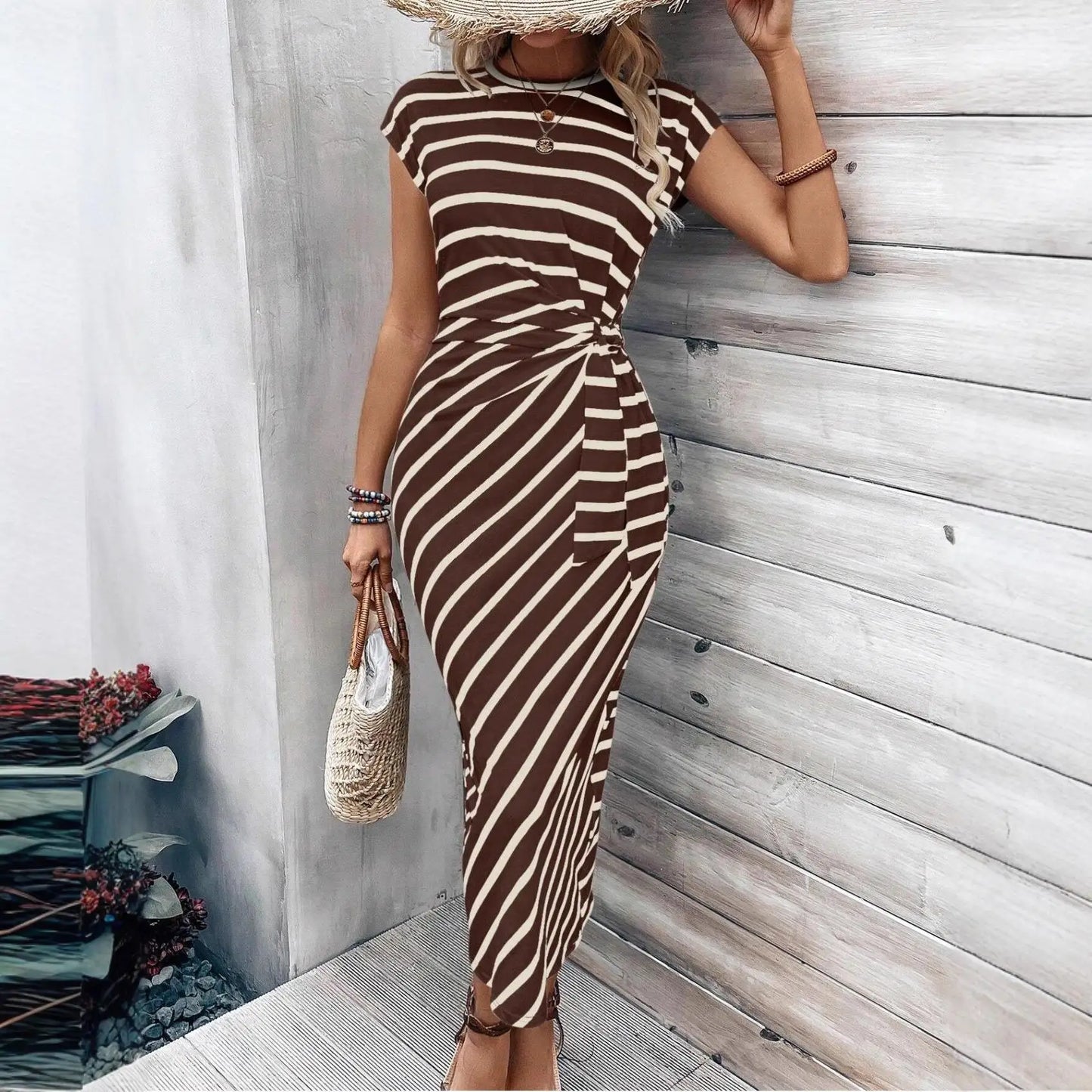 Women's Casual round Neck T-shirt with Waist Strap Short Sleeve Long Bodycon Dress Elastic Waist Other Fabric Other Composition