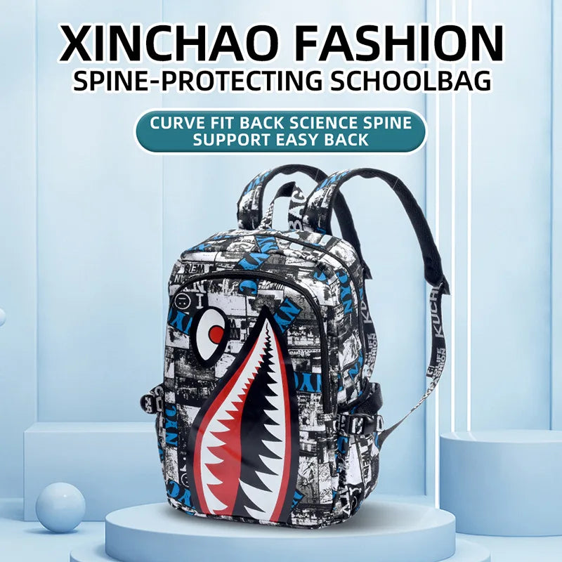 Black White School Satchel Unisex Casual Daypack Lightweight Women Back Bag Designer Shark School Bag Teenage Girls Boys College