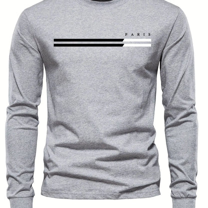 Men's 100% pure cotton summer loose comfortable casual  PARIS print large round neck long sleeve T-shirt top