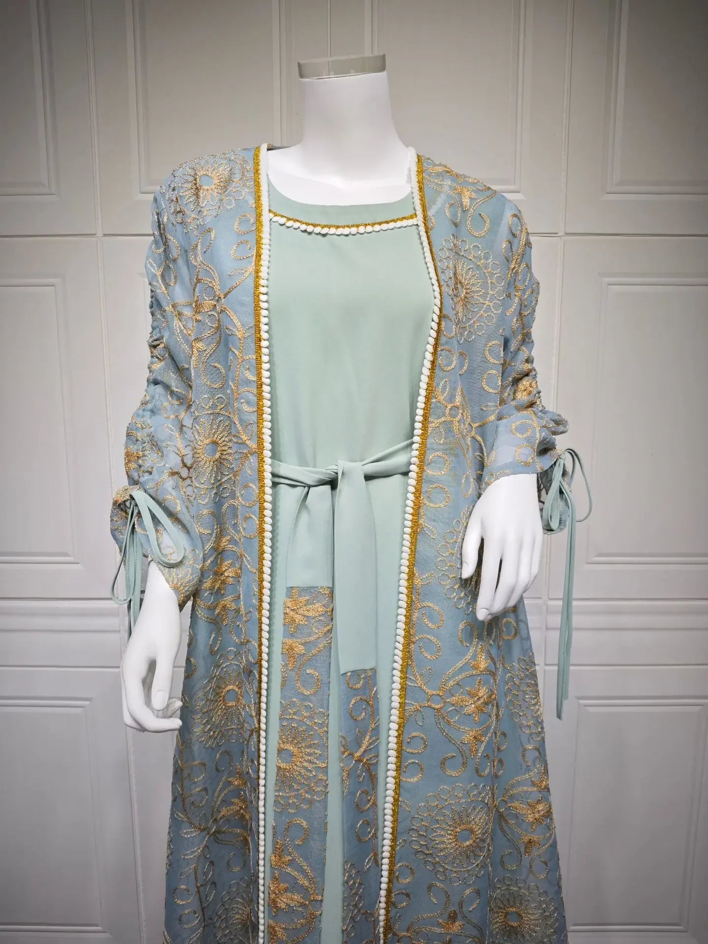 Eid Muslim Abayas for Women Party 2 Piece Set Embroidery Cardigan Robe Lace Up Dress Morocco Kaftan Islam Ramadan Dubai Vestidos