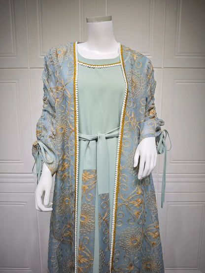 Eid Muslim Abayas for Women Party 2 Piece Set Embroidery Cardigan Robe Lace Up Dress Morocco Kaftan Islam Ramadan Dubai Vestidos