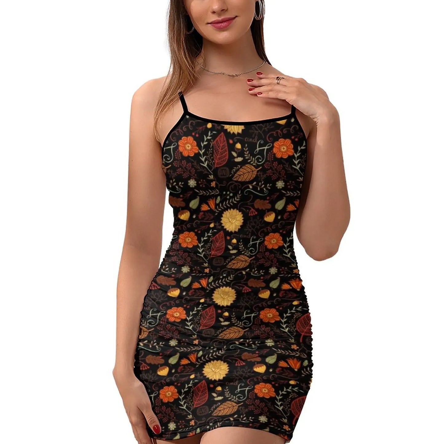 Autumn Floral/ Leaf Design on Black Sling Dress Female dress women's fashion dresses evening dresses luxury 2026 Dress