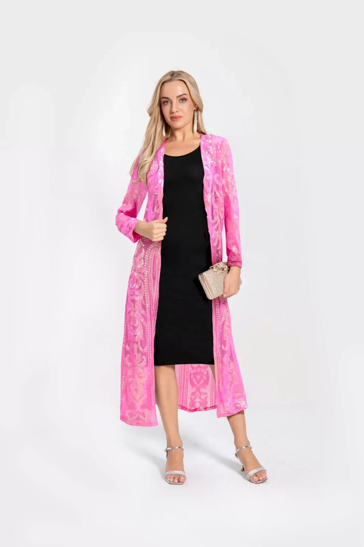 Women Sexy Long Sequin Open Front Mesh Cardigan Embroidery Long Sleeve Blouse Cover Up Coat Evening Prom Party Tops
