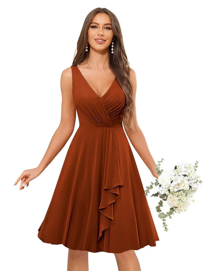 Short Bridesmaid Dresses for Women V-Neck Knee Length Pleated Ruffles Chiffon Evening Gown Evening Dresses Prom Party Dresses
