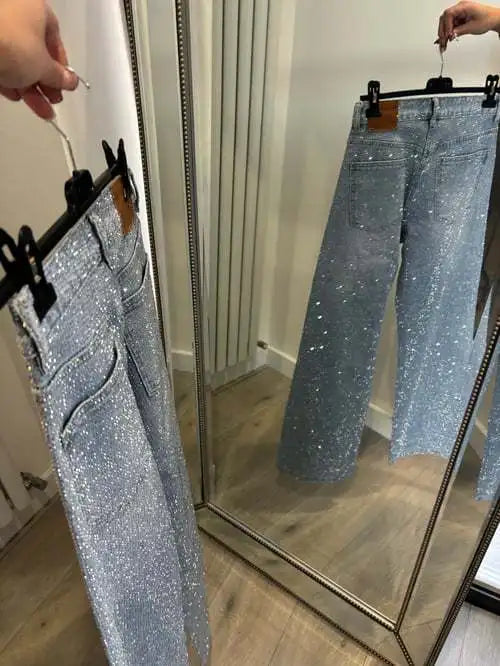 Japanese and Korean Casual Women's High Waisted Washed Denim Jeans, Loose and Slimming, Versatile and Rhinestone Hot Stamping