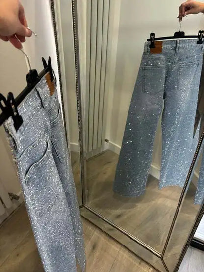 Japanese and Korean Casual Women's High Waisted Washed Denim Jeans, Loose and Slimming, Versatile and Rhinestone Hot Stamping