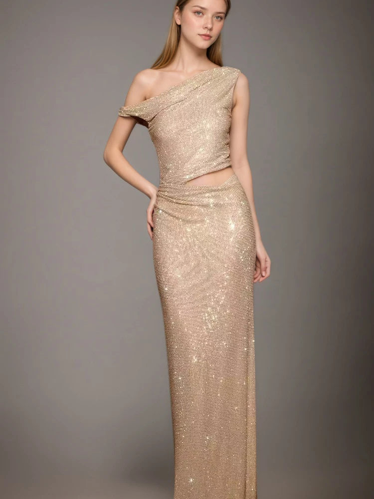 DEAT Fashion Apricot Water Diamond Slanted Shoulder Hollowed Out Sparkling Party Dress Women's Ankle-length Dresses New