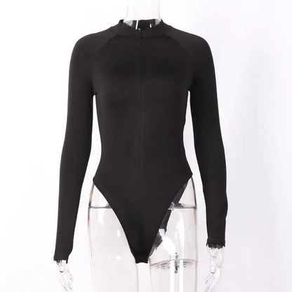 Sexy Long Sleeve Bodysuits for Women Solid Half High Neck Concealed Zipper Long Sleeve Jumpsuits Streetwear Casual Slim Fit Top