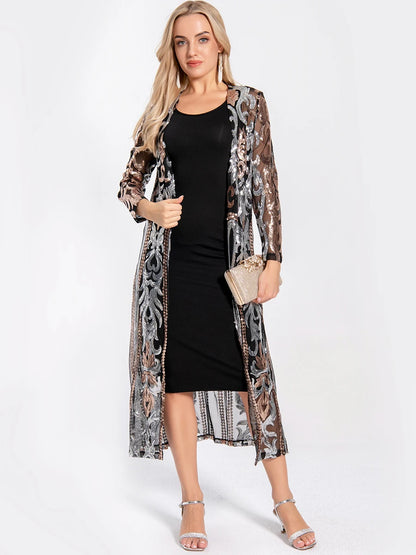 Women Sexy Long Sequin Open Front Mesh Cardigan Embroidery Long Sleeve Blouse Cover Up Coat Evening Prom Party Tops