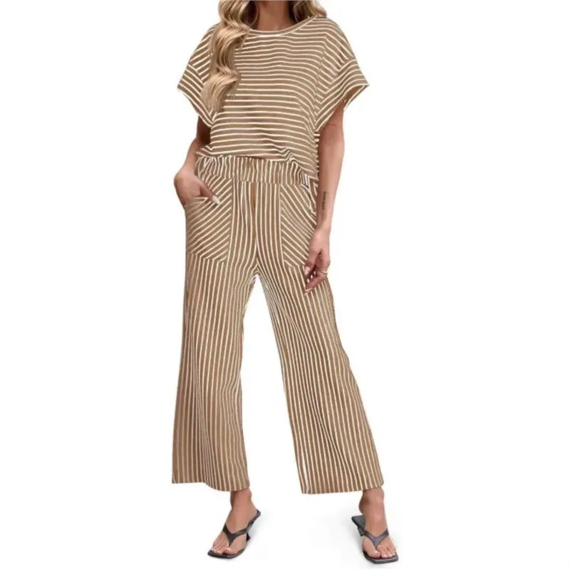 2026 New Women Pants Set Striped Casual Loose Fashion Comfortable Niche Round Neck Elastic Waist Daily Commuter Style Pants Set