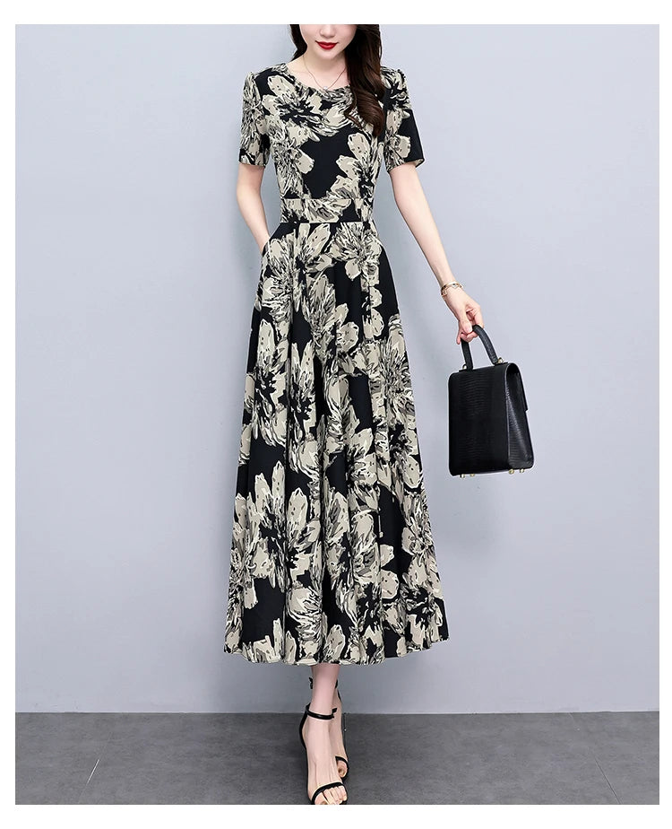 2024 Summer Floral Casual Long Sundress Women Elegant Bodycon Party Chic Prom Night Dresses Fashion Vintage Black Luxury Clothes