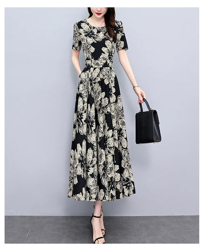 2024 Summer Floral Casual Long Sundress Women Elegant Bodycon Party Chic Prom Night Dresses Fashion Vintage Black Luxury Clothes