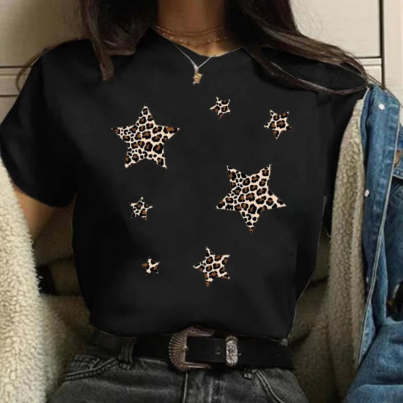 Leopard Print Simple Round Neck Lovely Woman Harajuku Graphic T Shirts Tops Summer Fashion Harajuku Sleeve Aesthetic Clothes