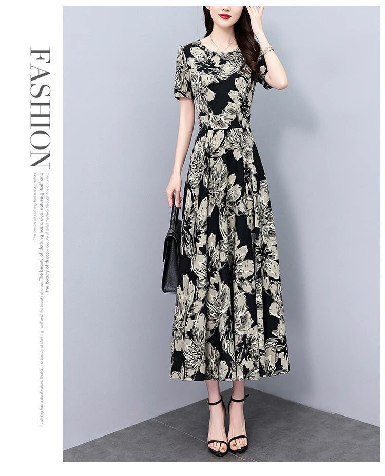 2024 Summer Floral Casual Long Sundress Women Elegant Bodycon Party Chic Prom Night Dresses Fashion Vintage Black Luxury Clothes