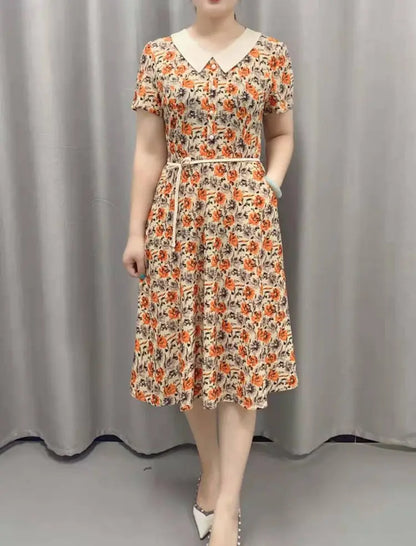 Women’s Vintage Floral Midi Dress – Peter Pan Collar Short Sleeve Button Dress