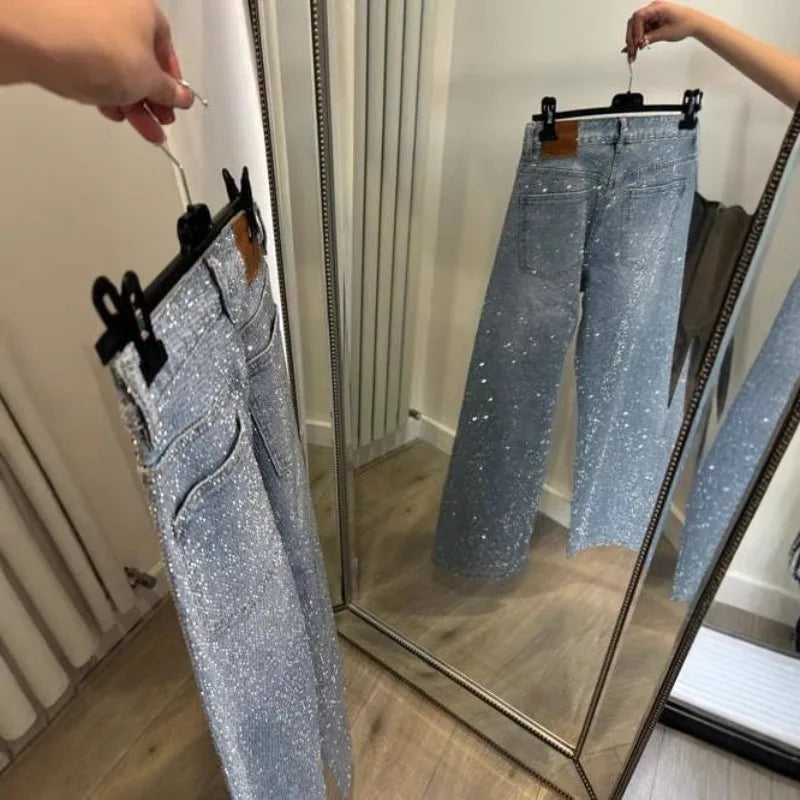 Japanese and Korean Casual Women's High Waisted Washed Denim Jeans, Loose and Slimming, Versatile and Rhinestone Hot Stamping