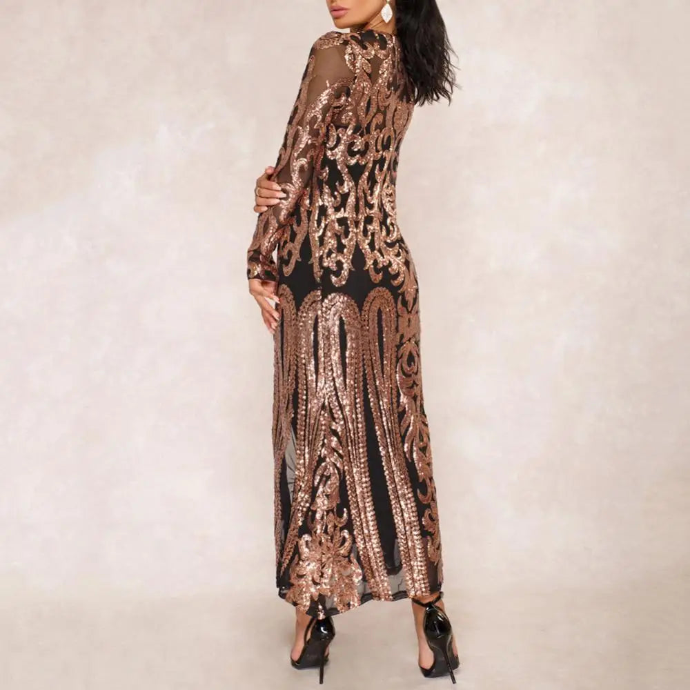 Women's Long Coat Sexy Sequin Perspective Long Sleeve Maxi Coat Gown Cardigan Vintage Evening Party Open Blouse кардиган женский