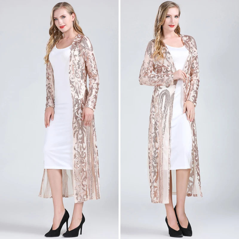 Women Sexy Long Sequin Open Front Mesh Cardigan Embroidery Long Sleeve Blouse Cover Up Coat Evening Prom Party Tops