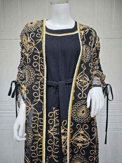 Eid Muslim Abayas for Women Party 2 Piece Set Embroidery Cardigan Robe Lace Up Dress Morocco Kaftan Islam Ramadan Dubai Vestidos