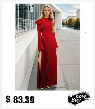 DEAT Fashion Apricot Water Diamond Slanted Shoulder Hollowed Out Sparkling Party Dress Women's Ankle-length Dresses New
