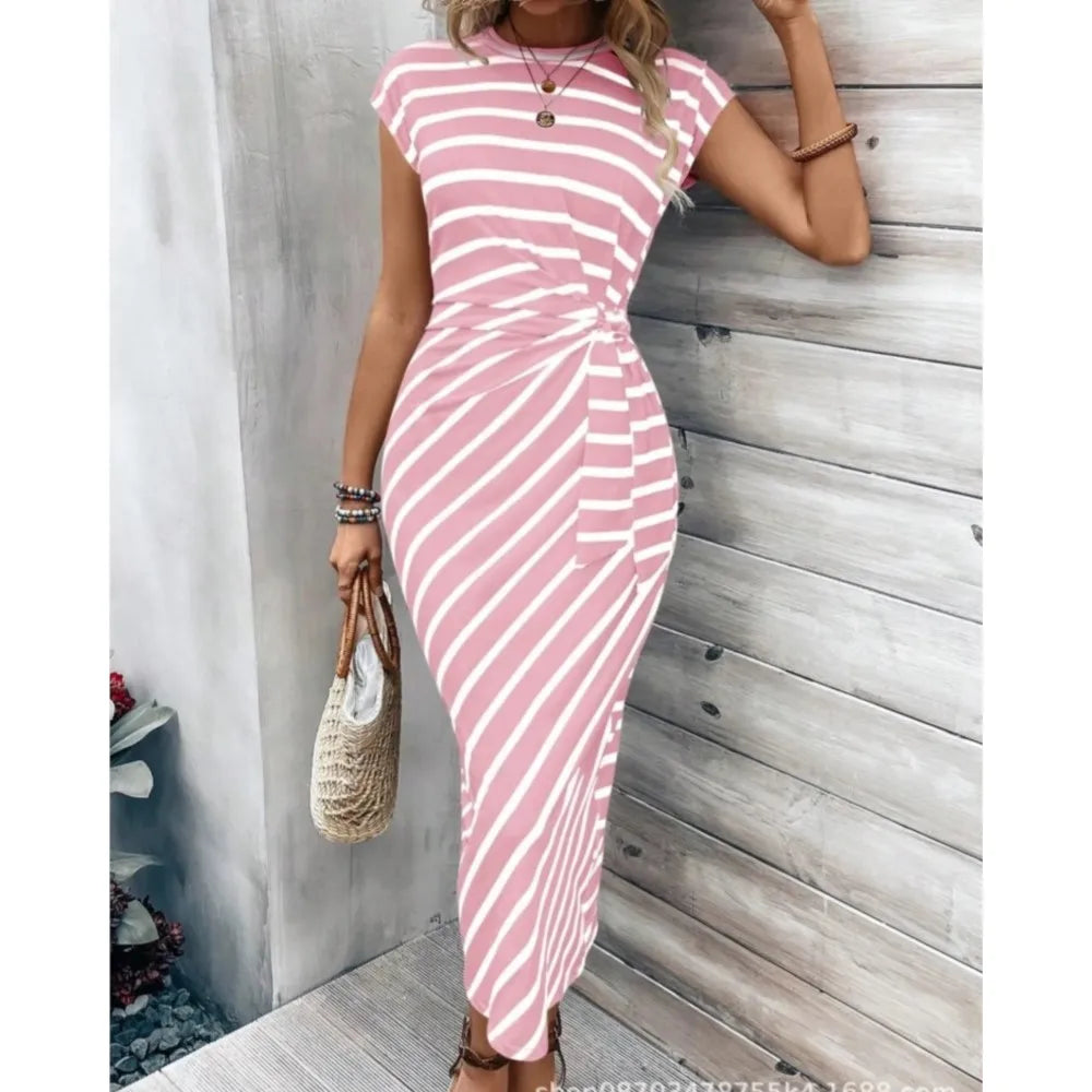 Summer New Long Dress Elegant Waist Strap Fashionable Striped Print Round Neck Short Sleeved High-end Women's Dress