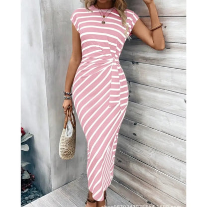 Summer New Long Dress Elegant Waist Strap Fashionable Striped Print Round Neck Short Sleeved High-end Women's Dress