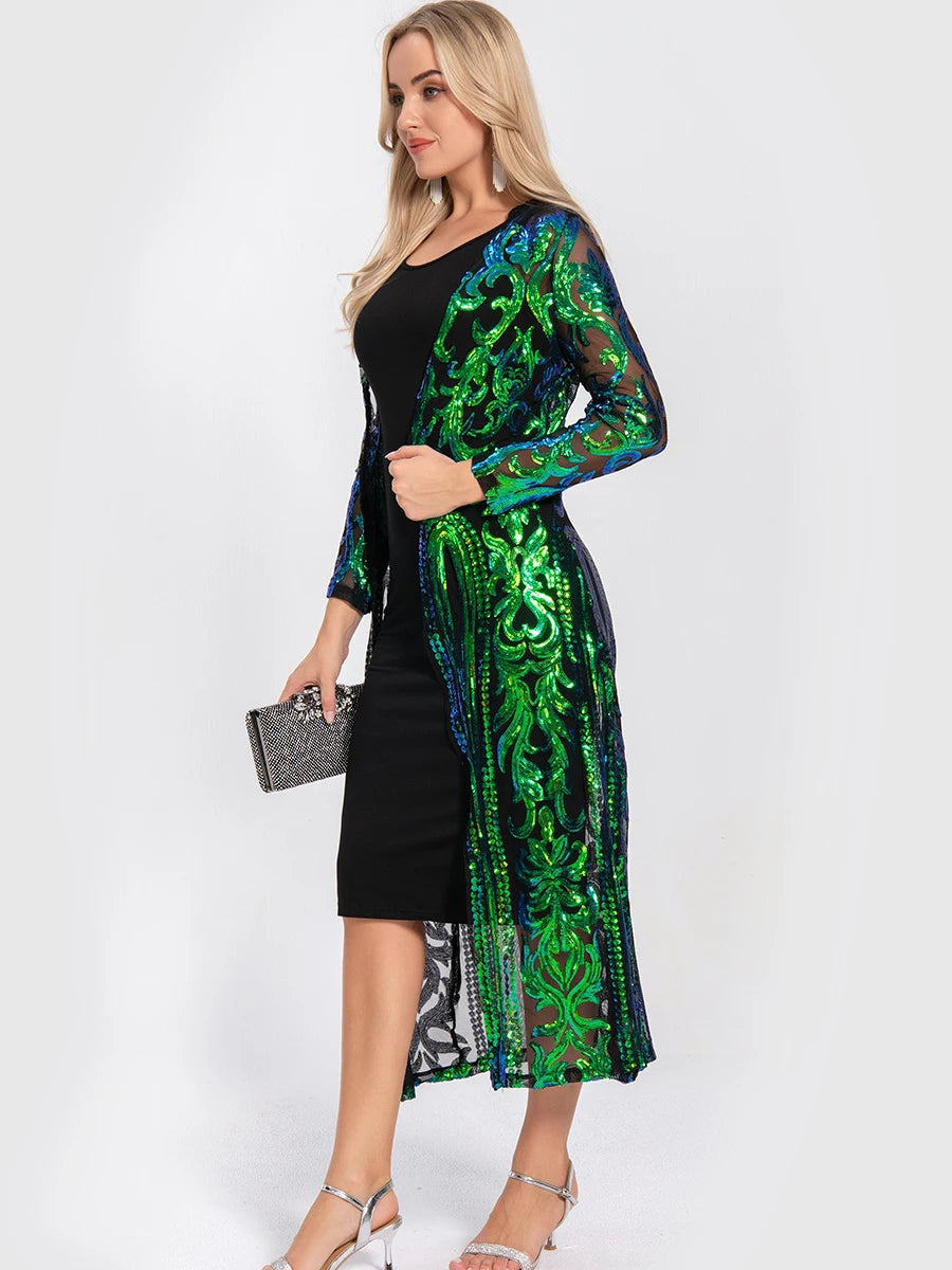Women Sexy Long Sequin Open Front Mesh Cardigan Embroidery Long Sleeve Blouse Cover Up Coat Evening Prom Party Tops