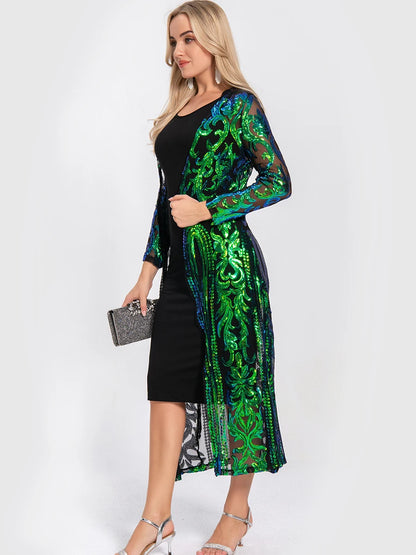 Women Sexy Long Sequin Open Front Mesh Cardigan Embroidery Long Sleeve Blouse Cover Up Coat Evening Prom Party Tops