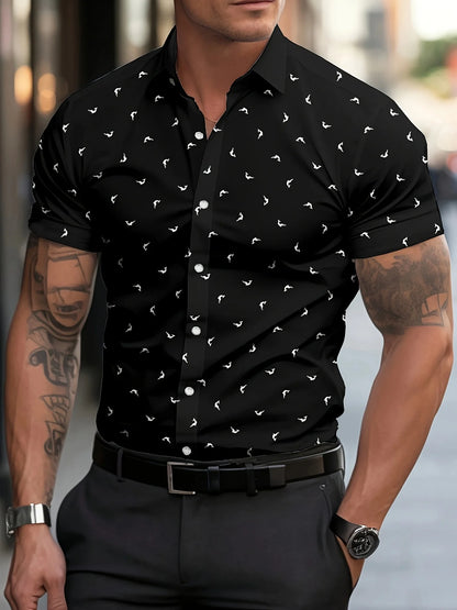 Men's Casual Short Sleeve Shirt - Summer Lightweight Breathable Fabric with Vibrant Blue Fish Print, Classic Pointed Collar