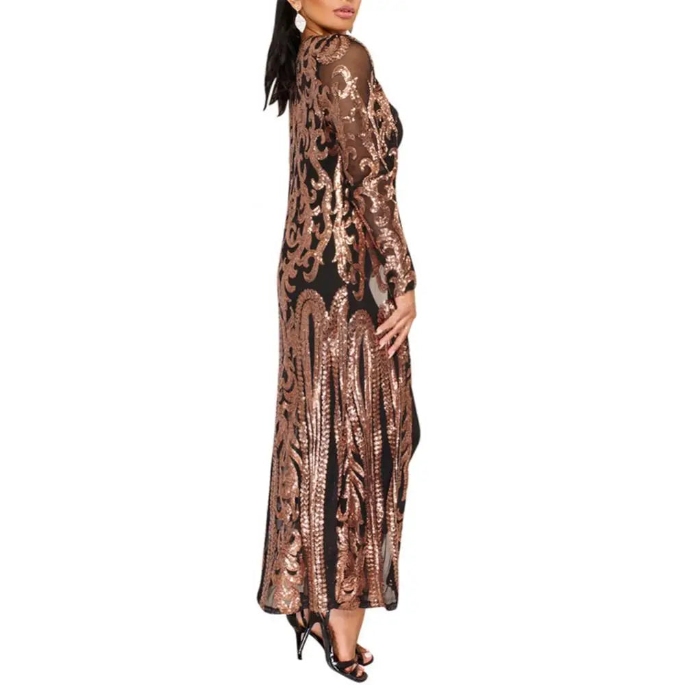 Women's Long Coat Sexy Sequin Perspective Long Sleeve Maxi Coat Gown Cardigan Vintage Evening Party Open Blouse кардиган женский