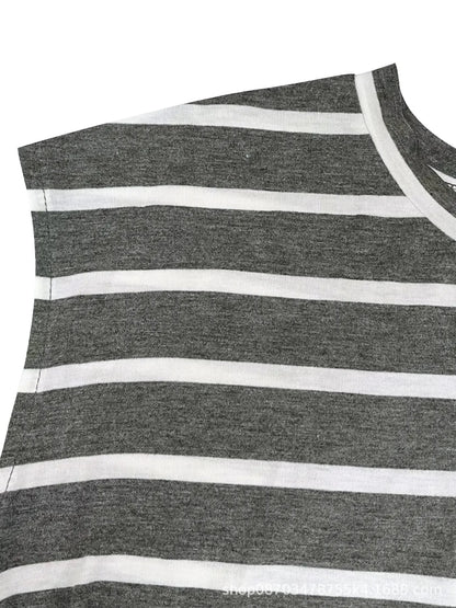 Summer New Long Dress Elegant Waist Strap Fashionable Striped Print Round Neck Short Sleeved High-end Women's Dress