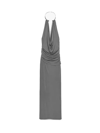 Elegant Women's Grey Halter Cowl-neck Draped Maxi Dress Sleeveless Slim Robe 2025 Summer New Fashion Female Evening Party Gown