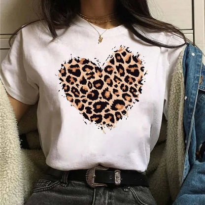 Leopard Print Simple Round Neck Lovely Woman Harajuku Graphic T Shirts Tops Summer Fashion Harajuku Sleeve Aesthetic Clothes