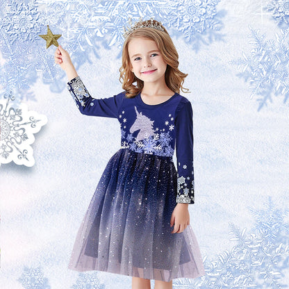 DXTON Christmas Girls Dress 2024 New Year Party Princess Tutu Dress Unicorn Toddler Cotton Dress Snowflake Print Winter Clothing