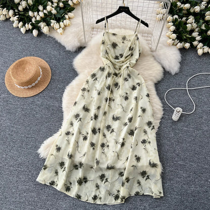 New Korean Fashion Rose Flower Print Romantic Retro Party Dress Summer Elastic High Waist Vacation Long Dress Beach Vestido