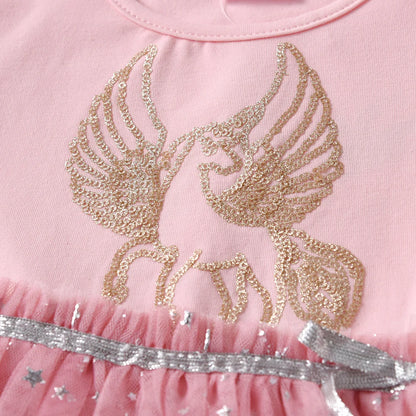 DXTON Winter Long Sleeve Girls Dresses Unicorn Cartoon Kids Party Princess Dress-up Gradient Mesh Childres Vacation Costumes