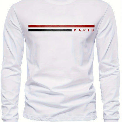 Men's 100% pure cotton summer loose comfortable casual  PARIS print large round neck long sleeve T-shirt top