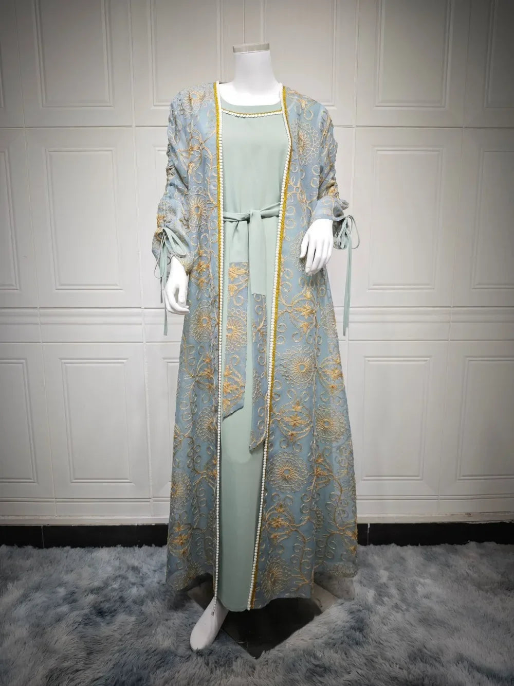 Eid Muslim Abayas for Women Party 2 Piece Set Embroidery Cardigan Robe Lace Up Dress Morocco Kaftan Islam Ramadan Dubai Vestidos