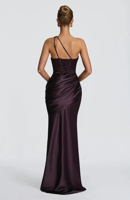 Women Green Ruched Elegant Satin Maxi Dress Mermaid One-shoulder Cutout Slim Fit Flowy Vestido 2026 Lady Summer Evening Vestidos