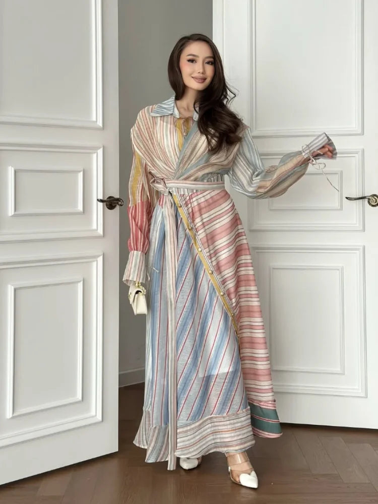 Women Multicolor Striped Maxi Dress Collared Waist Belt Wrap Long Sleeve Ruffle Hem Casual Summer Dress 2026 Trendy Lady Robe