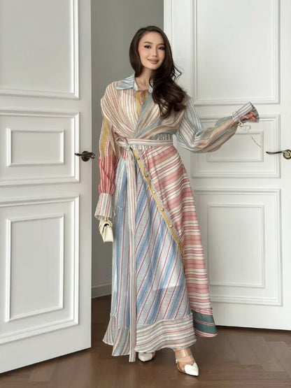 Women Multicolor Striped Maxi Dress Collared Waist Belt Wrap Long Sleeve Ruffle Hem Casual Summer Dress 2026 Trendy Lady Robe