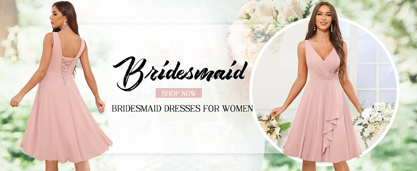 Short Bridesmaid Dresses for Women V-Neck Knee Length Pleated Ruffles Chiffon Evening Gown Evening Dresses Prom Party Dresses