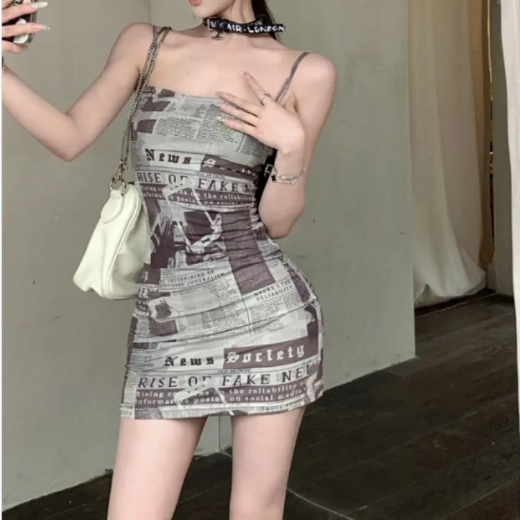 Dress for Women Korean Style Tight Newspaper Printed Dress Summer Hot Girl Suspender Short Skirt Pure Desire Long Sleeved Dress