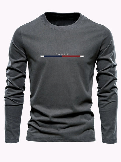 Men's 100% pure cotton summer loose comfortable casual  PARIS print large round neck long sleeve T-shirt top