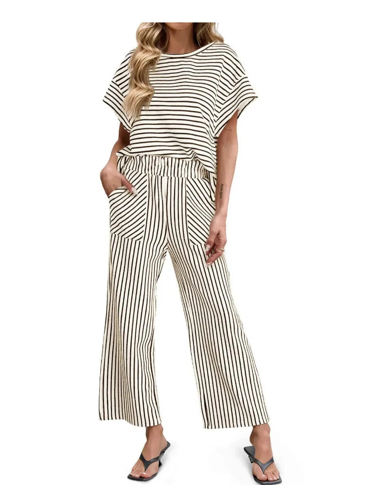 2026 New Women Pants Set Striped Casual Loose Fashion Comfortable Niche Round Neck Elastic Waist Daily Commuter Style Pants Set