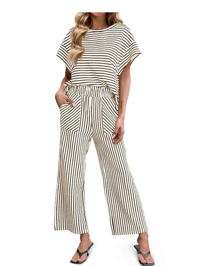 2026 New Women Pants Set Striped Casual Loose Fashion Comfortable Niche Round Neck Elastic Waist Daily Commuter Style Pants Set