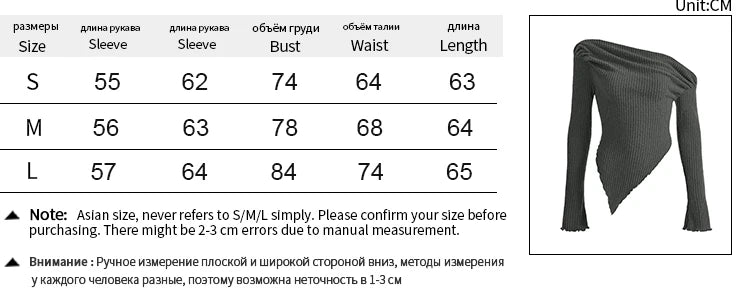 Women New Tees Spring Sexy Crop Top Off Shoulder Slim Solid T-shirts Long Sleeves Streetwear Pullover Asymmetrical Lady T-shirts