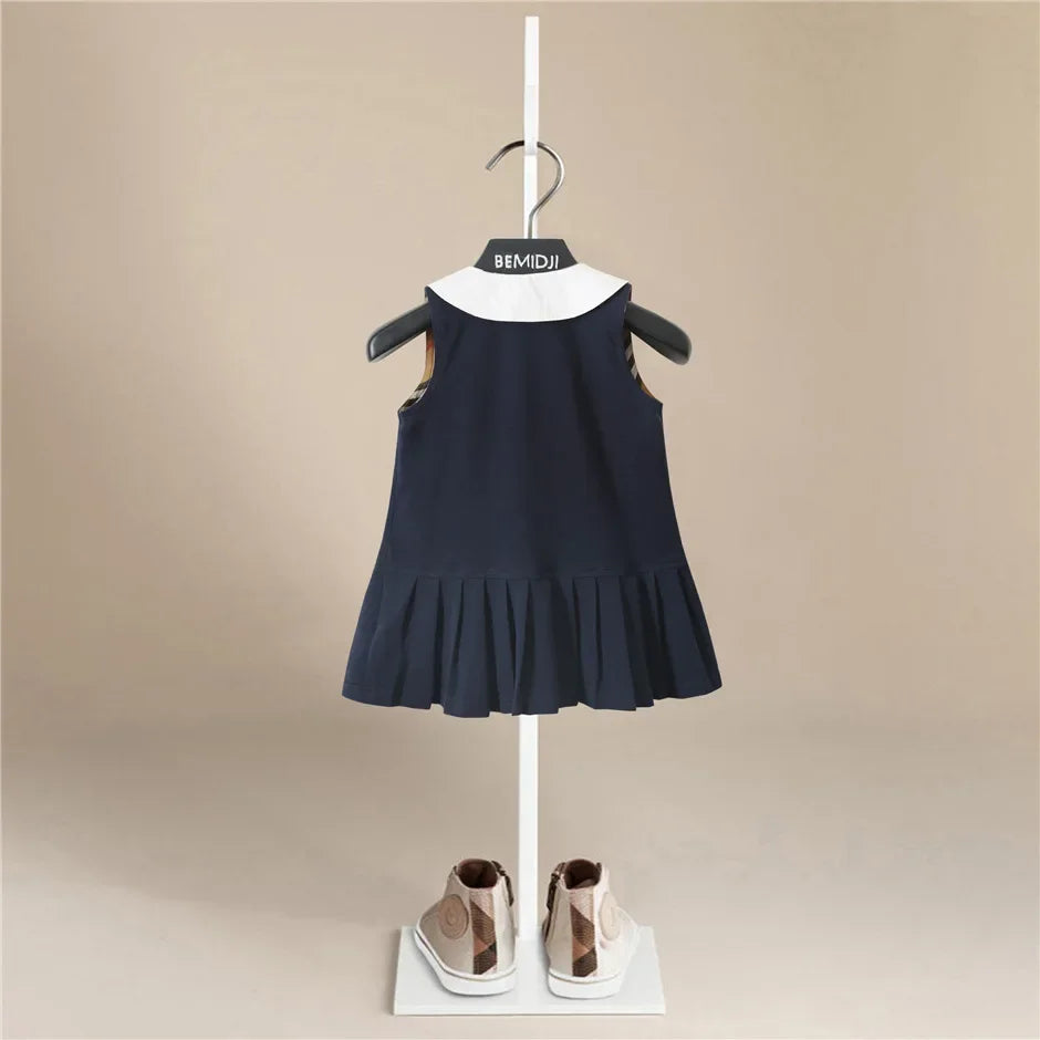 Girls Dress Summer Party Sleeveless  Plaid Dress Cotton Kids Dresses College Style Pleated Skirt Navy Blue New Year Costumes